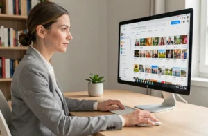 Femme professionnelle planifiant des publications sur les réseaux sociaux depuis un bureau moderne avec un calendrier de contenu affiché à l'écran