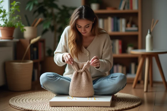 Femme bloquant un sac au crochet humide sur une planche à épingles pour lui donner une forme rigide et structurée