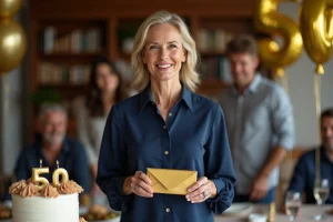 Femme souriante tenant une enveloppe cadeau dorée lors d'une fête de 50e anniversaire en famille
