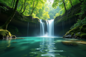 Cascade dans une forêt verte avec bassin clair