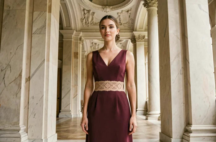 Femme en robe bordeaux avec une ceinture en dentelle dans un hall néoclassique élégant