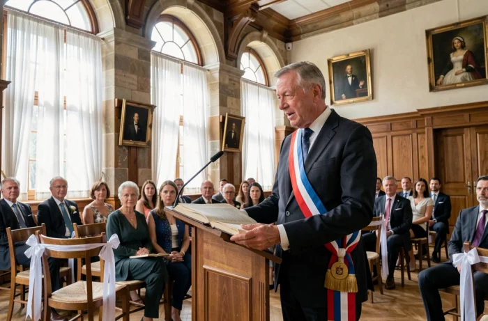 Officier d'état civil présidant une cérémonie de mariage civil dans une salle des mariages d'une mairie française