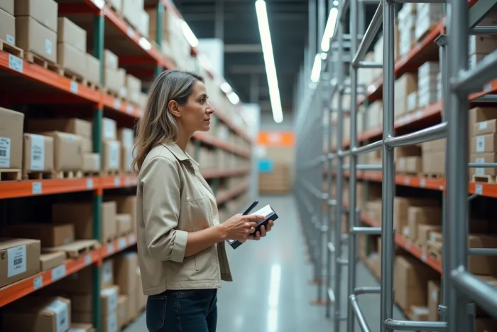 Femme comparant des modèles d'échafaudages à louer dans un magasin Leroy Merlin