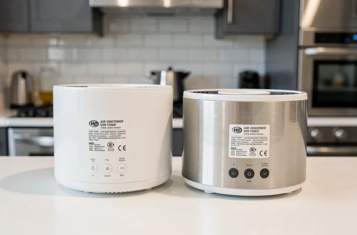 Comparaison de deux ionisateurs d'air posés sur un plan de travail de cuisine dans un appartement urbain moderne