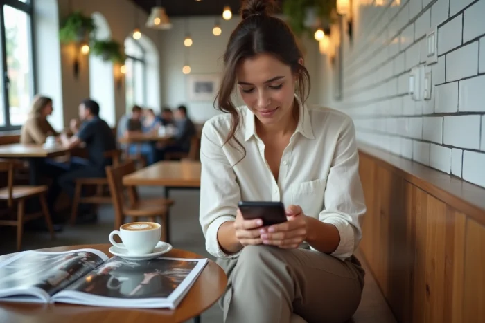 Femme dans un café consultant une application mode sur smartphone à côté d'un magazine tendance, reflet du rapport numérique à la mode contemporaine