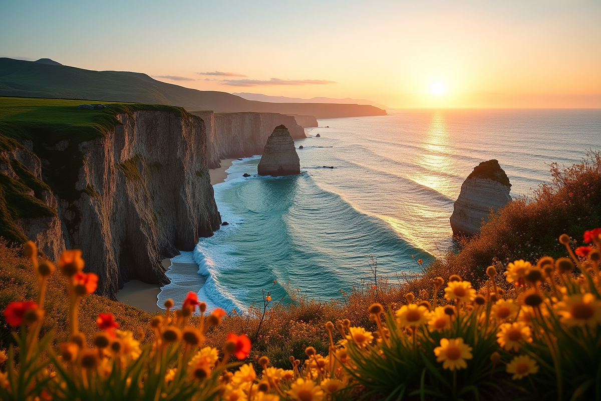 Vue de la côte au lever du soleil avec fleurs sauvages