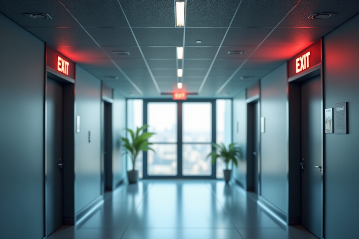 Couloir intérieur avec portes de secours et panneaux lumineux
