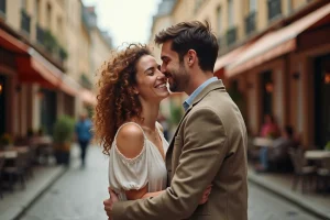 Couple amoureux se promenant dans une rue pavée de Paris, femme aux cheveux bouclés riant aux éclats avec son compagnon