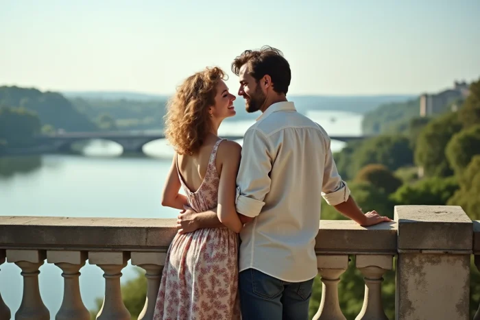 Couple uni et complice appuyé contre une balustrade en pierre face à un paysage de rivière, regard amoureux partagé
