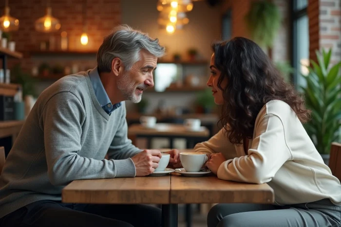 Couple complice attablé dans un café parisien, partageant une conversation intime autour d'un espresso