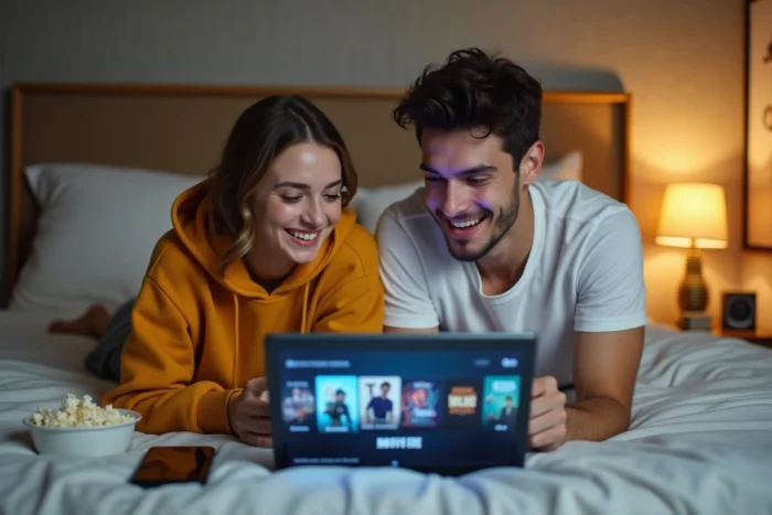 Couple choisissant un film sur une plateforme de streaming depuis leur ordinateur portable au lit