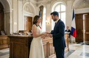 Couple remettant des documents administratifs à la mairie pour organiser leur mariage civil en France