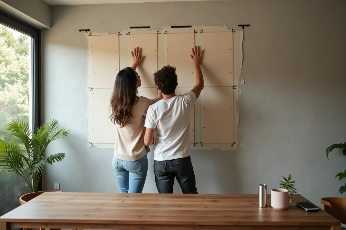 Jeune couple posant des panneaux géométriques dans la salle à manger