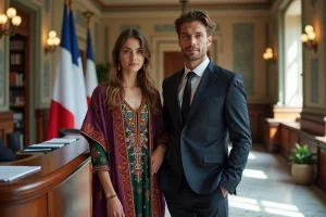 Jeune couple romani devant la mairie en France