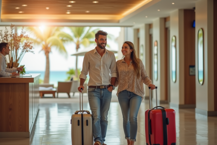Couple souriant à la réception d'un resort ensoleillé