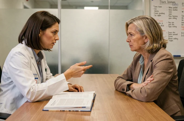 Deux médecins femmes en désaccord lors d'une réunion médicale autour du GCA 2700
