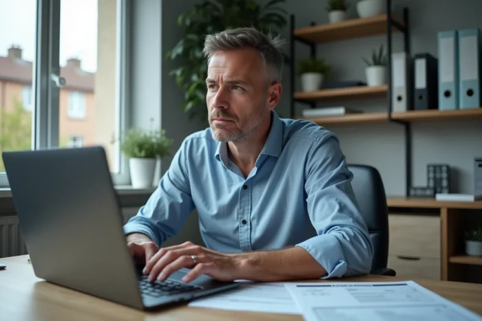 Homme déclarant ses avantages fiscaux CESU sur ordinateur portable à domicile