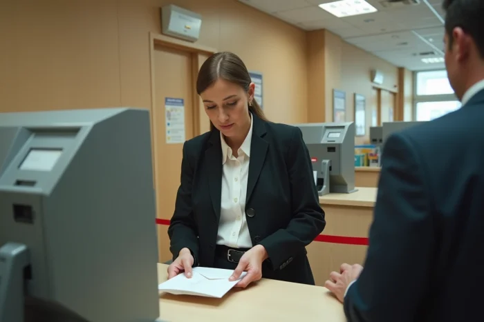 Une femme dépose discrètement un courrier anonyme à un guichet administratif pour contacter l'inspection du travail