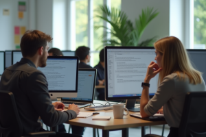 Groupe d'enseignants et personnel informatique dans un bureau scolaire