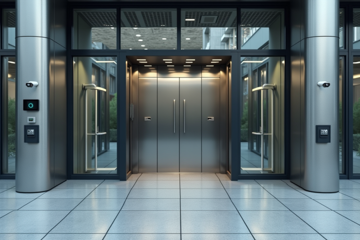 Entrée moderne d'un bâtiment avec contrôle d'accès et caméras