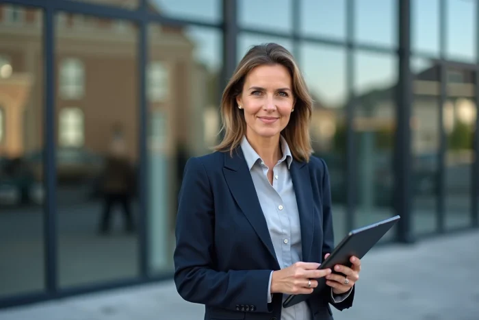 Entrepreneuse bretonne devant un incubateur d'entreprises à Rennes, illustrant les opportunités économiques en Bretagne