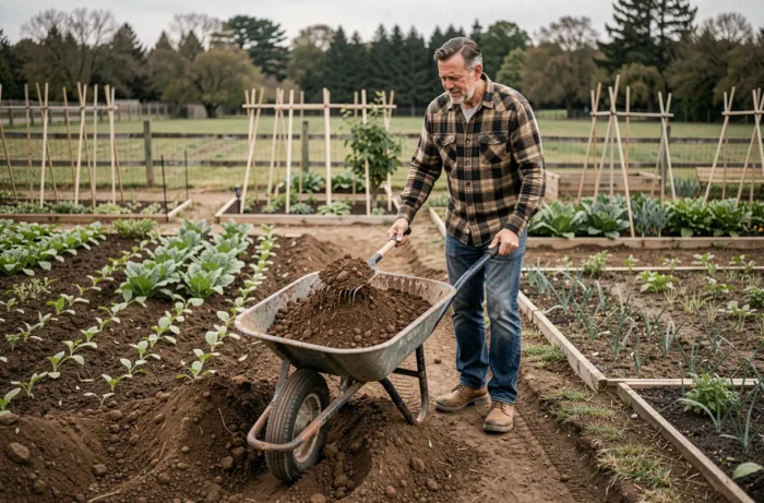 Homme répandant de la tourbe avec un râteau dans un potager pour enrichir la terre