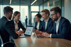 Groupe de professionnels en réunion dans un bureau moderne