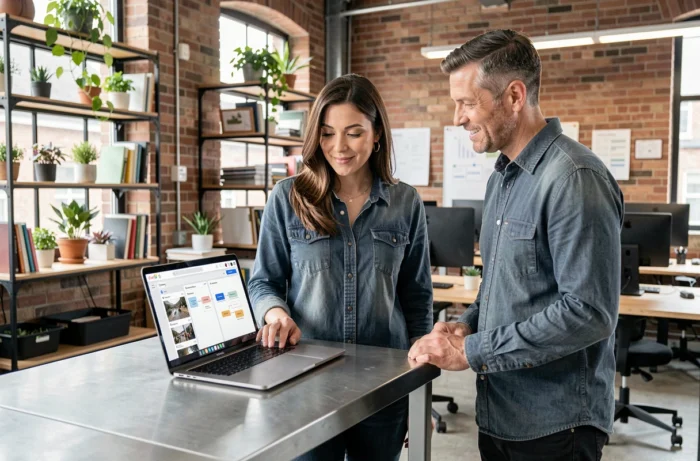 Deux professionnels du marketing collaborant sur une stratégie d'automatisation de publications pour les réseaux sociaux dans un espace de coworking