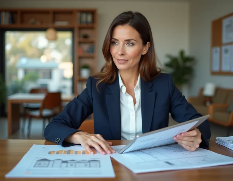 Femme professionnelle analysant des documents d'évaluation immobilière dans un bureau à domicile moderne
