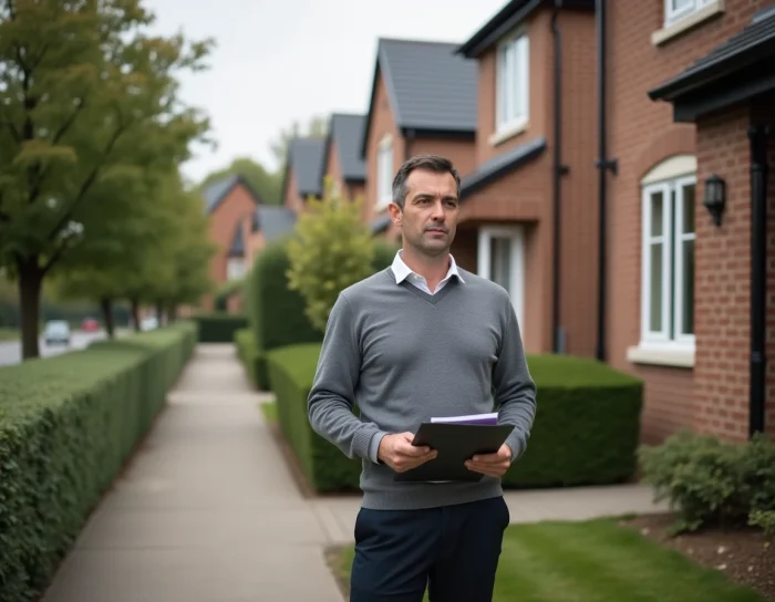 Expert immobilier évaluant la valeur d'une maison individuelle en banlieue résidentielle