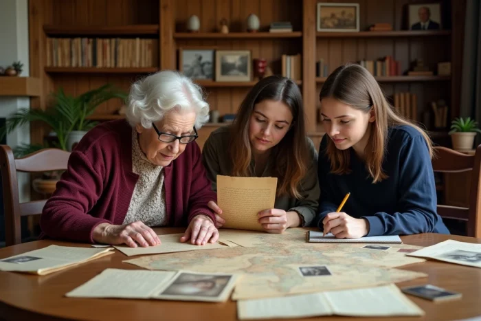 Famille multigénérationnelle réunie autour de lettres et photos anciennes pour explorer ensemble leurs racines et leur patrimoine familial