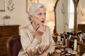 Femme de 70 ans appliquant un rouge à lèvres rose classique devant un miroir de coiffeuse vintage