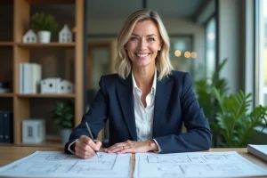 Femme architecte en costume bleu examinant des plans