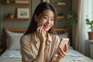Femme appliquant du rouge à lèvres dans une chambre chaleureuse