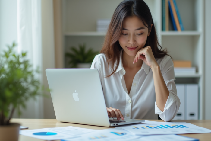 Jeune femme concentrée sur son ordinateur dans un bureau moderne