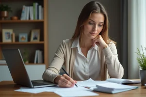 Femme concentrée travaillant à son bureau dans un intérieur français