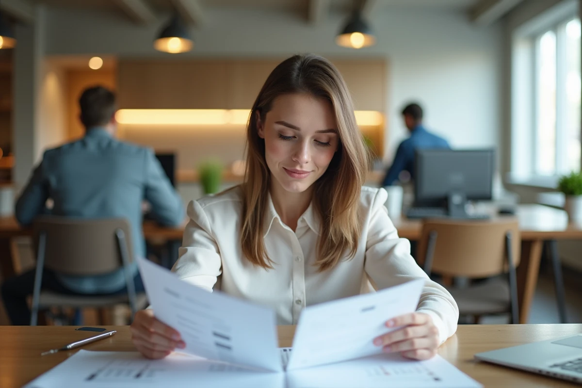 Femme d affaires lisant des documents financiers au bureau