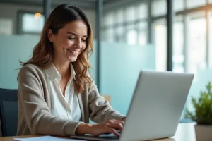 Femme au bureau consultat son portail employe