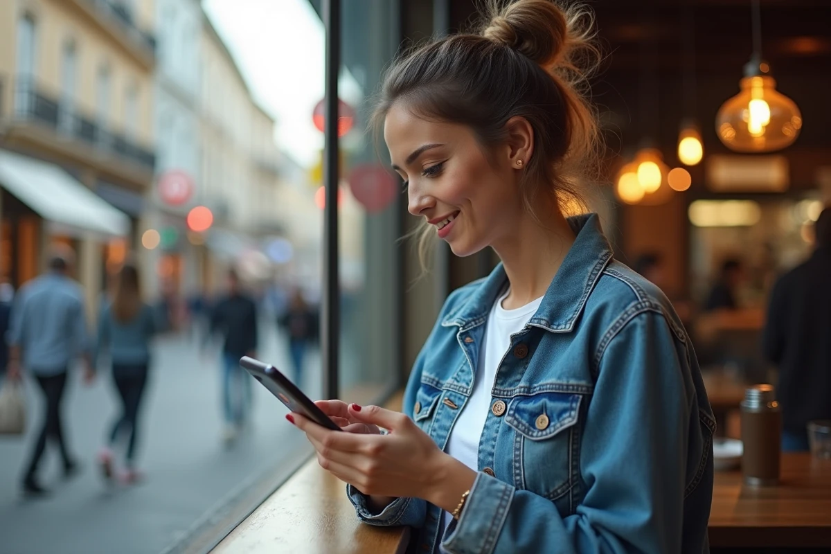 Femme au café regardant son smartphone dans un environnement urbain