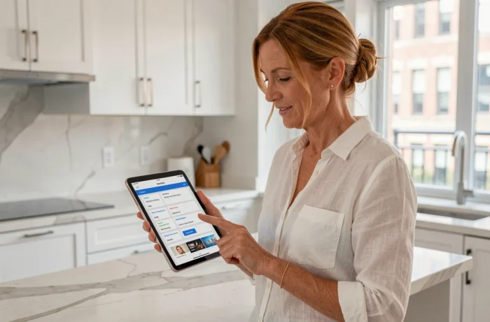 Femme debout dans une cuisine moderne consultant le plan du site Série Live sur une tablette