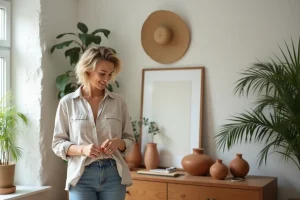 Femme arrangeant des vases en décoration intérieure