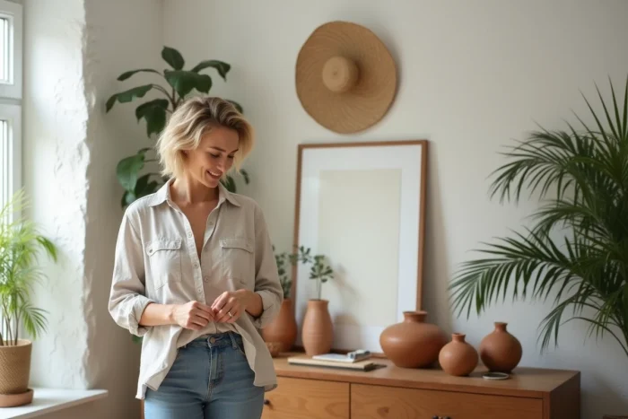 Femme arrangeant des vases en décoration intérieure
