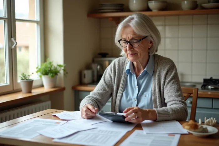 Femme consultant des documents fiscaux liés au CESU à sa table de cuisine