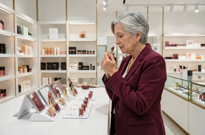 Femme élégante de 70 ans choisissant un rouge à lèvres dans une boutique de cosmétiques moderne