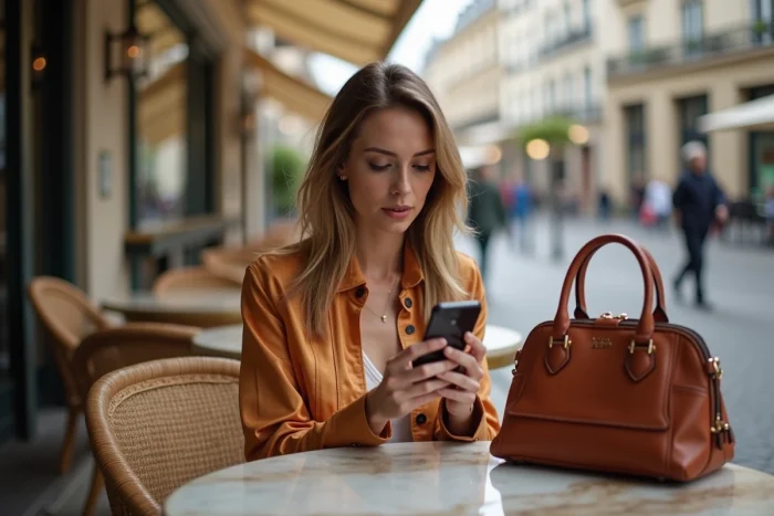 Femme avec sac de luxe usé à la terrasse d'un café, symbole des apparences trompeuses et du faux luxe affiché