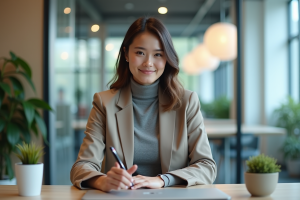 Jeune femme concentrée utilisant un écran tactile dans un bureau moderne