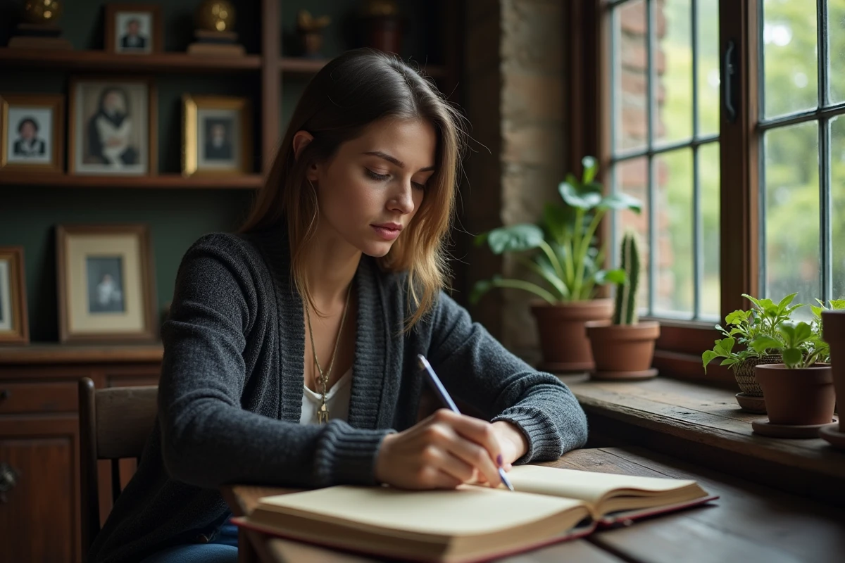Femme lisant un journal dans un bureau cosy