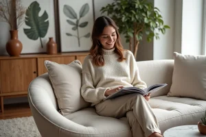 Jeune femme en pantalon en lin dans un salon cosy