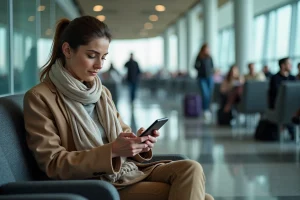 Femme assise dans un lounge aéroport en lisant des infos de voyage