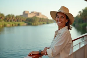Femme souriante sur un bateau sur le Nil avec ruines anciennes